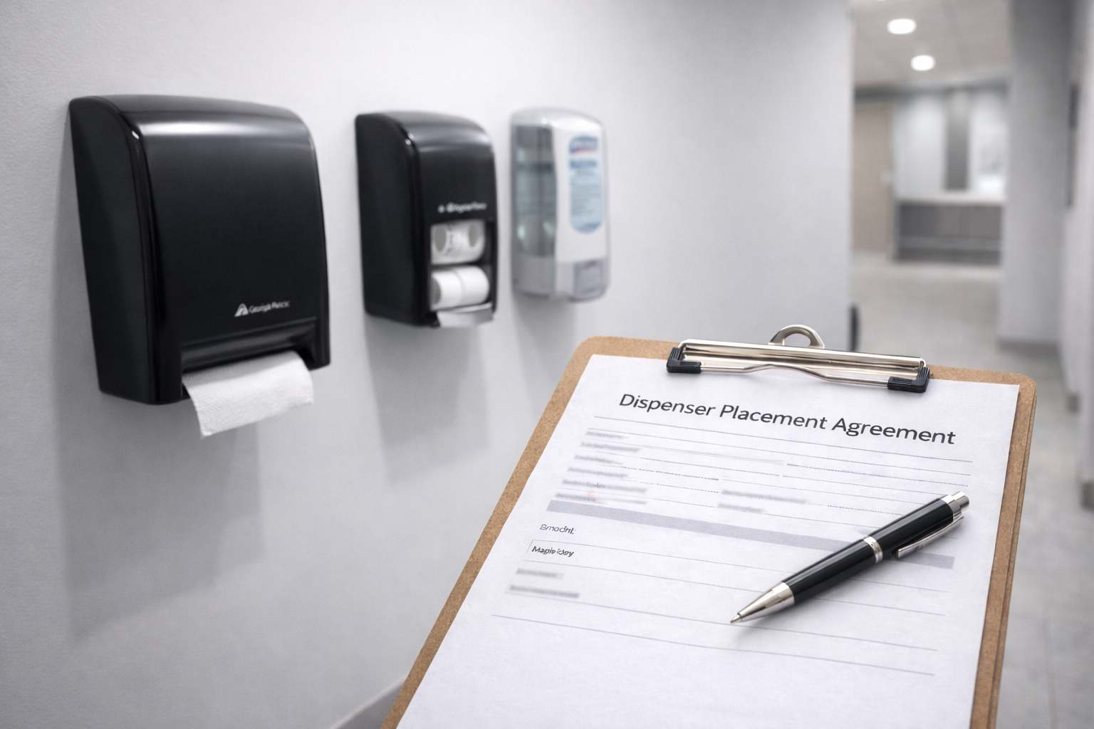 Dispenser placement agreement for paper towels, tissue and soap systems